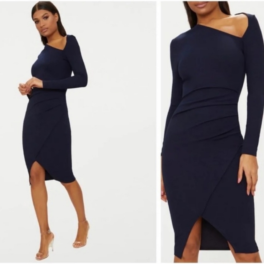 NWT PrettyLittleThing Navy Assymetric Neck Pleated Wrap Midi Dress Size 4